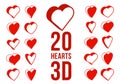 3D dimensional hearts vector icons or logos set, gift boxes on Valentine day, heart shaped buttons, graphic design elements