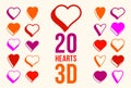 3D dimensional hearts vector icons or logos set, heart shaped buttons, graphic design elements collection, gift boxes on Valentine