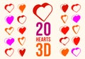 3D dimensional hearts vector icons or logos set, heart shaped buttons, graphic design elements collection, gift boxes on Valentine