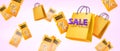 3D discount coupon banner, vector special offer flying voucher, shopping bag, online sale background.