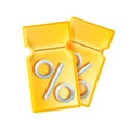 3D discount coupon illustration, vector voucher gift, bar code, yellow lucky ticket, percent sign.