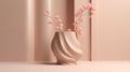 3D display podium beige background with curtain. Pink flower in stone vase. Nature Blossom minimal pedestal for beauty, Ai
