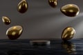 3D display podium dark stylish background, Easter golden shining eggs float in the air. Glamor template 3D rendering.