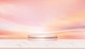 3D Display Podium on Marble Table Top over Sunset dust sky with clouds,Vector Empty Studio room with Cylinder Stand on Marble