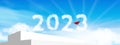 3d Display podium step,Red paper airplane flying direction to 2023 cloud on blue sky background,Vector creative idea new