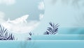 3D Display studio room with whale fluffy cloud on blue sky window, Vector backdrop banner stand step palm with palm leaf on blue Royalty Free Stock Photo