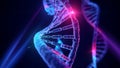 3D DNA helix glowing in futuristic neon blue and pink digital background with binary code and scientific data visualization Royalty Free Stock Photo
