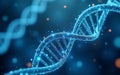 A 3D DNA strand with flowing binary code and digital particles, symbolizing genetic innovation and advancements in biotech