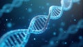 A 3D DNA strand with flowing binary code and digital particles, symbolizing genetic innovation and advancements in biotech