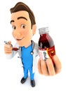 3d doctor holding syrup bottle and spoon