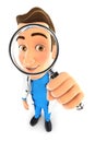 3d doctor looking into a magnifying glass