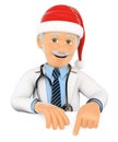 3D Doctor pointing down with a Santa Claus hat. Blank space Royalty Free Stock Photo