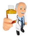 3D Doctor showing a pill bottle with blank label Royalty Free Stock Photo