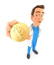 3d doctor standing and holding golden bitcoin coin