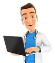 3d doctor standing and holding laptop