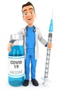 3d doctor standing next to vaccine bottle