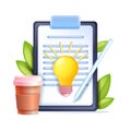 3D document icon, vector business paper on clipboard, idea light bulb, text editing concept on white.