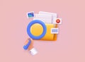 3D document list icon. Paper document. Folder with magnifying glass and files. 3D Web Vector Illustrations
