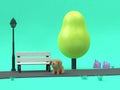 Dog cartoon in green parks walkway low poly tree with chair lamp 3d rendering green scene