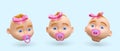 3D doll head with pink bow and pacifier. Eyes wide open. Icons of children theme