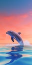 3d Dolphin Jumping Over Sunset: Light Red And Light Cyan Matte Photo Royalty Free Stock Photo