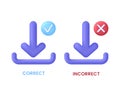 3D Download icon with check and cross marks. Unsuccessful and Successful download concept. Load internet data symbol