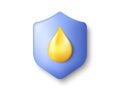 3d drop of oil on shield icon. Golden drop of honey or omega vitamin. Vector