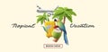 3d dynamic composition of tropical vacation banner in hipster style with 3d illustration of suitcase, airplane and