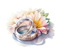 Wedding rings, wedding still life, white flowers, watercolor illustration,