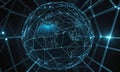 3D the Earth, encased in network interconnected lines, is depicted in digital illustration.