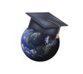 3d Earth Globe with graduation cap. Concept of global education, international student exchange program, studying abroad. 3d