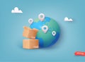 3D earth globe with pinpoints online deliver service, pin location point marker. Carton delivery packaging with fragile signs. 3D