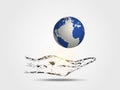 3d earth on hand represents saving the world and global connection. Concept of technology and innovation. Vector illustration Royalty Free Stock Photo