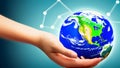 3D Earth planet globe in man, woman hand, hands-on blue background. Environmental protection concept. Royalty Free Stock Photo