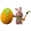 3D easter bunny, merry cartoon rabbit, animal character with easter color egg