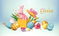 3d easter eggs, gift box with cute bunny. Happy gold and pink surprise, holiday decorative festive banner. Traditional Royalty Free Stock Photo