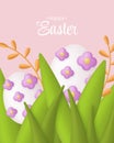 3D Easter poster and banner template with Easter eggs and grass. Happy Easter text. Banner, greeting card, poster Royalty Free Stock Photo