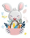 3D Easter vector template of cute bunny, cartoon basket with painted eggs and flowers. Royalty Free Stock Photo