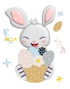 3D Easter vector template of cute bunny, cartoon basket with painted flowers and eggs Royalty Free Stock Photo