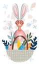 3D Easter vector template of girl with bunny ears, cartoon basket with painted eggs and flowers