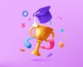 3D education. School study graduate. Student with bachelor cap or award. Graduation hat. Render gold goblet. Academic
