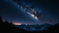 3d effect high mountains forest snow milkyway