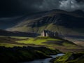 3d effect Scottish landscape castle mountains