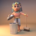 3d Egyptian Cleopatra Tutankhamun cartoon character cleaning with a broom and rubbish bin, 3d illustration