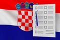 3D election ballot with blue checkmark in it with ballpoint glass pen on the background of the state flag of the Croatia Royalty Free Stock Photo