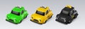 3d electric eco green, classic yellow taxi, black London cab cars. Isolated glossy toy taxi cars vector design elements Royalty Free Stock Photo