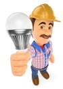 3D Electrician with a led light bulb Royalty Free Stock Photo