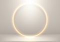 3D elegant glowing golden circle with lighting and gold glitter on stage beige background