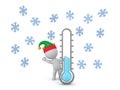 3D Elf waving from behind thermometer showing cold temperature