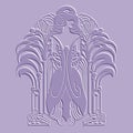 3d Emboss Beautiful Woman Silhouette With Vintage Flowers In Art Nouveau Style. Vector Textured Surface Violet Background. Old